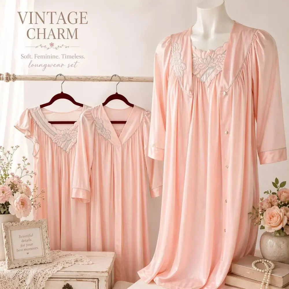 Vintage Shadowline Peignoir Set Small Pink Nylon Floral Appliqué Nightgown Robe